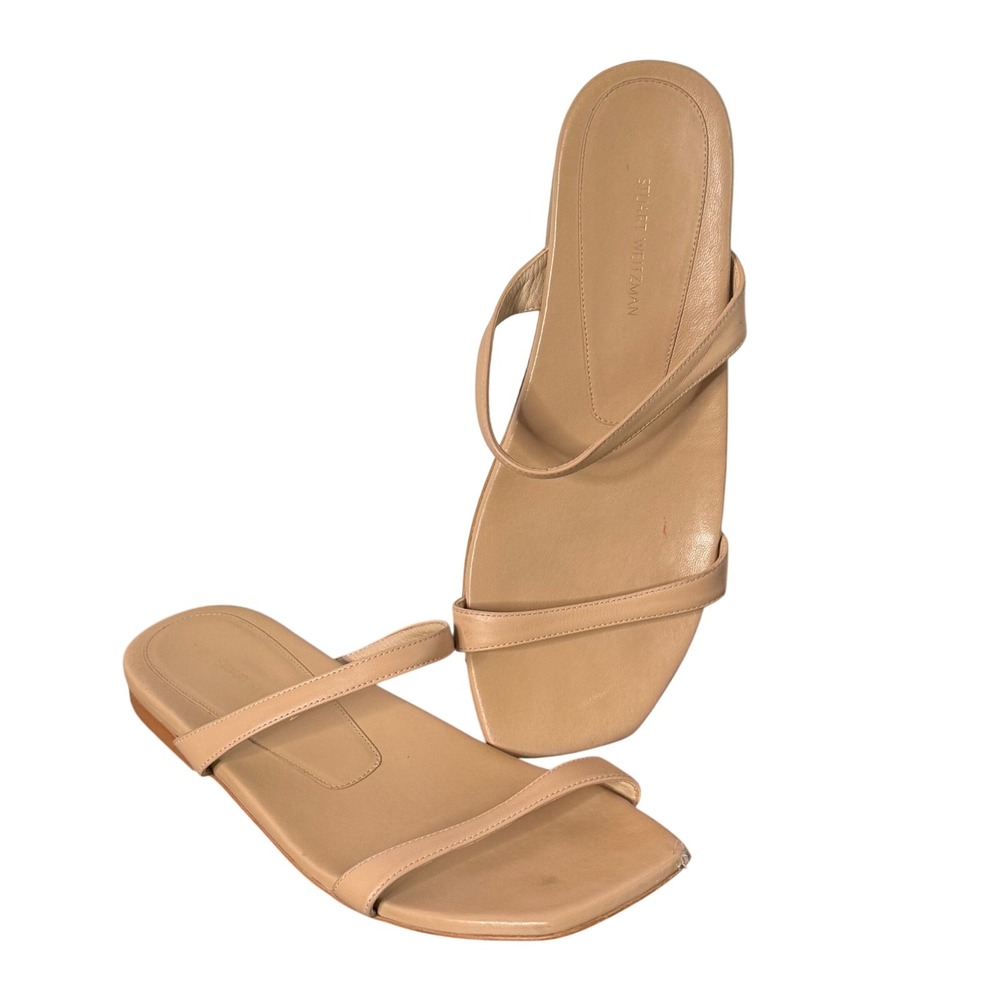 Stuart Weitzman Aleena Nude Flat Leather Square Toe Minimalist Sandals Size 8